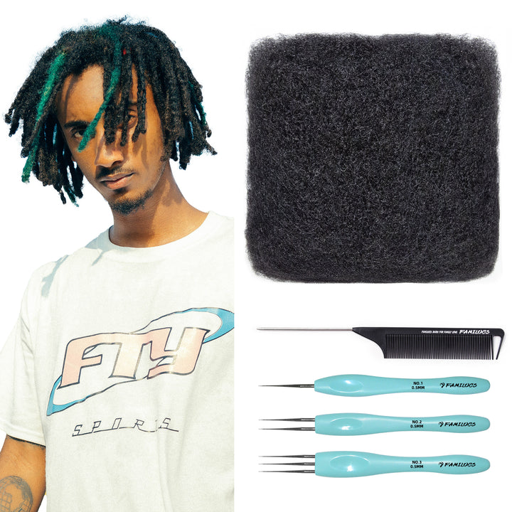 FAMILOCS 100g Afro Kinky Bulk Human Hair for Draedlock Extensions, Repair Locs, Twists and Braids, 1B Natural Black Color Can be Dyed and Bleached