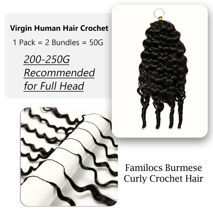 FAMILOCS Burmese Curly Crochet Hair 100% Human Hair Natural Black Lightweight Extensions-6