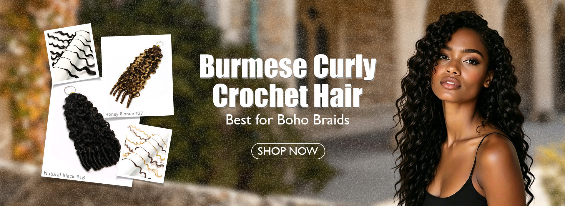 FamiLocs Burntese curly crochet hair extensions for boho braids, featuring natural black and honey blonde styles