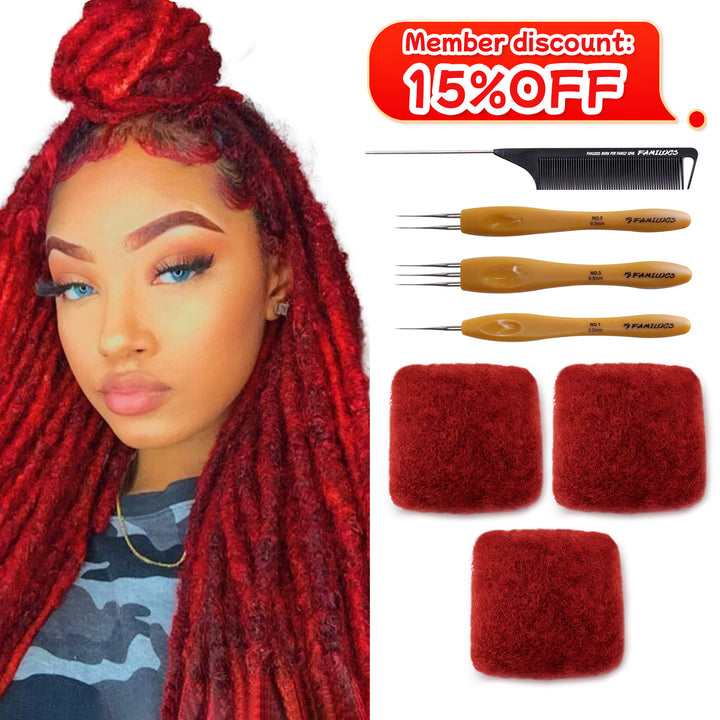 90g Tight Afro Kinkys Bulk Human Hair for DreadLocks Extensions, Loc Repair,Twist and Braiding (Red, 3 Bundles）