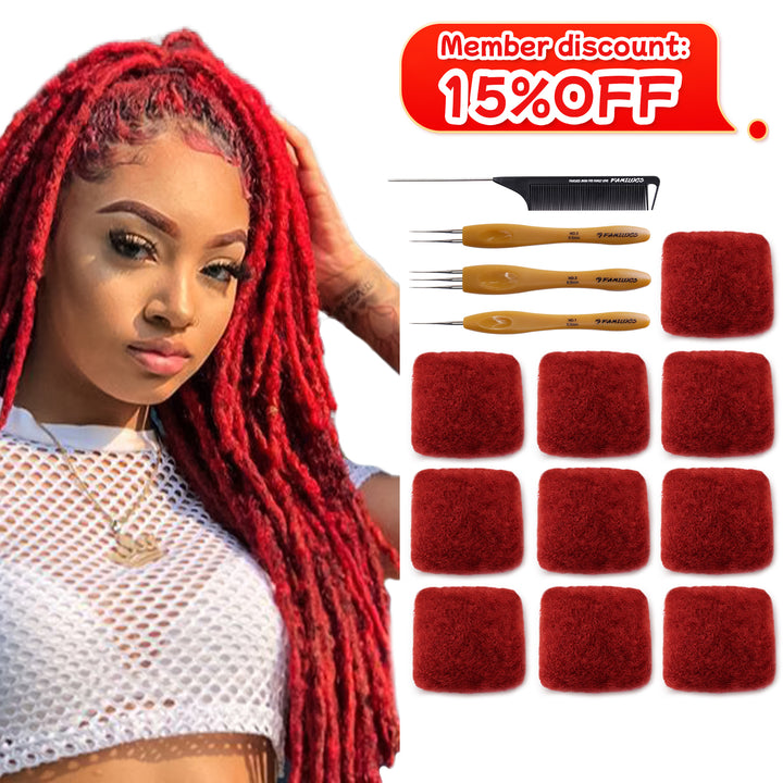 300g Tight Afro Kinkys Bulk Human Hair for DreadLocks Extensions, Loc Repair,Twist and Braiding (Red, 10 Bundles）